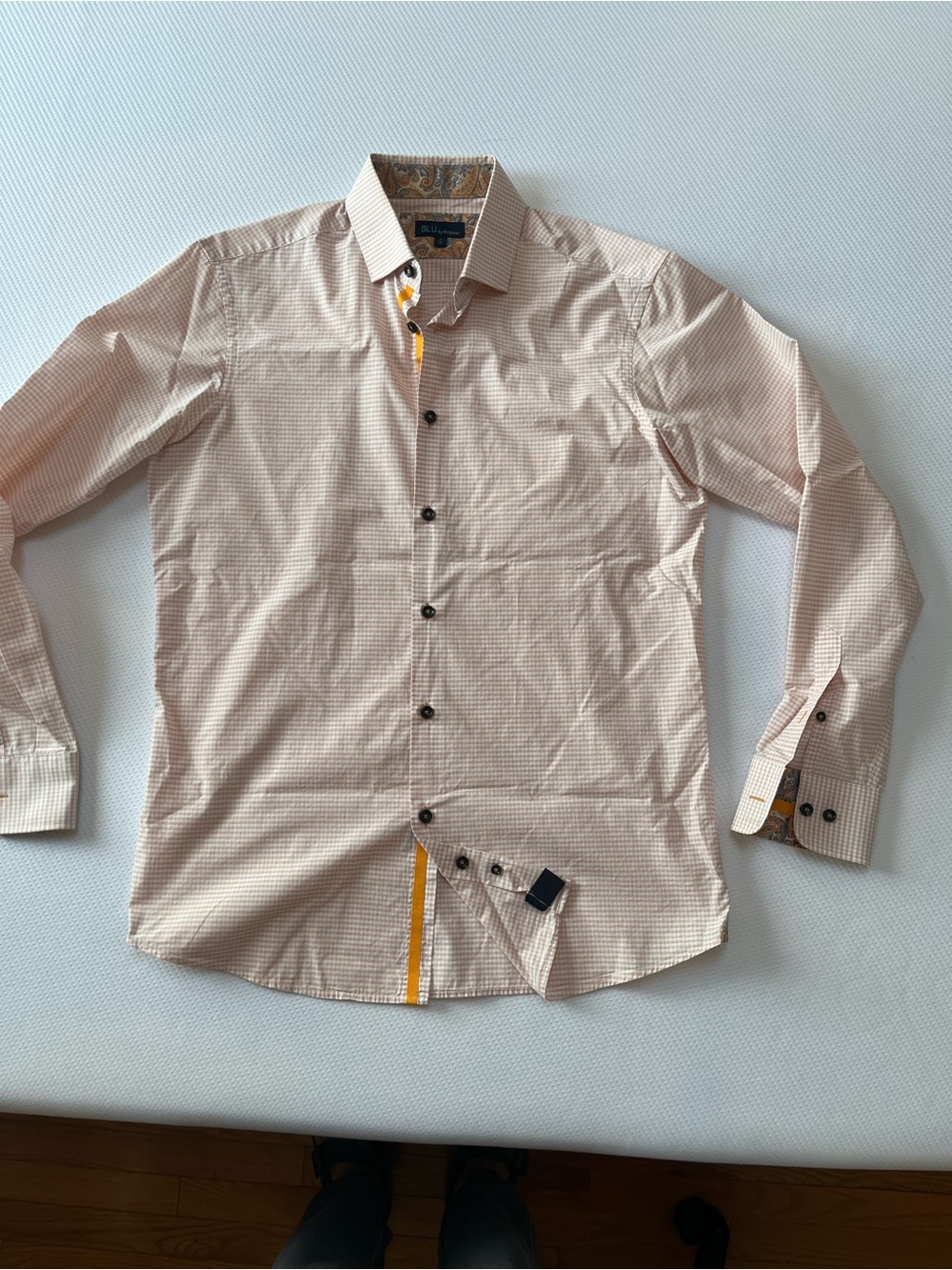 Men's Coral Micro-Check Dress Shirt with Yellow Trim
